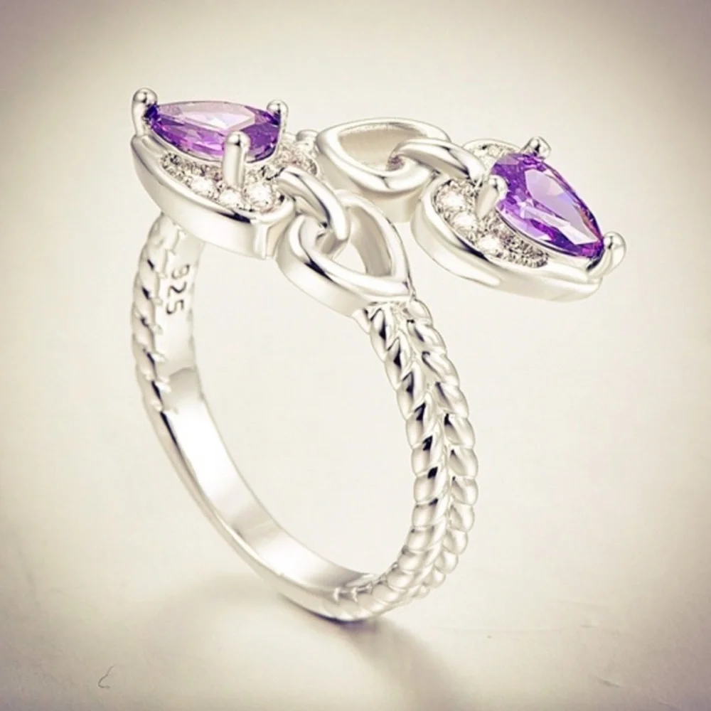 New S925 Sterling Silver Purple Amethyst & Morganite Heart Tear Drop Ring